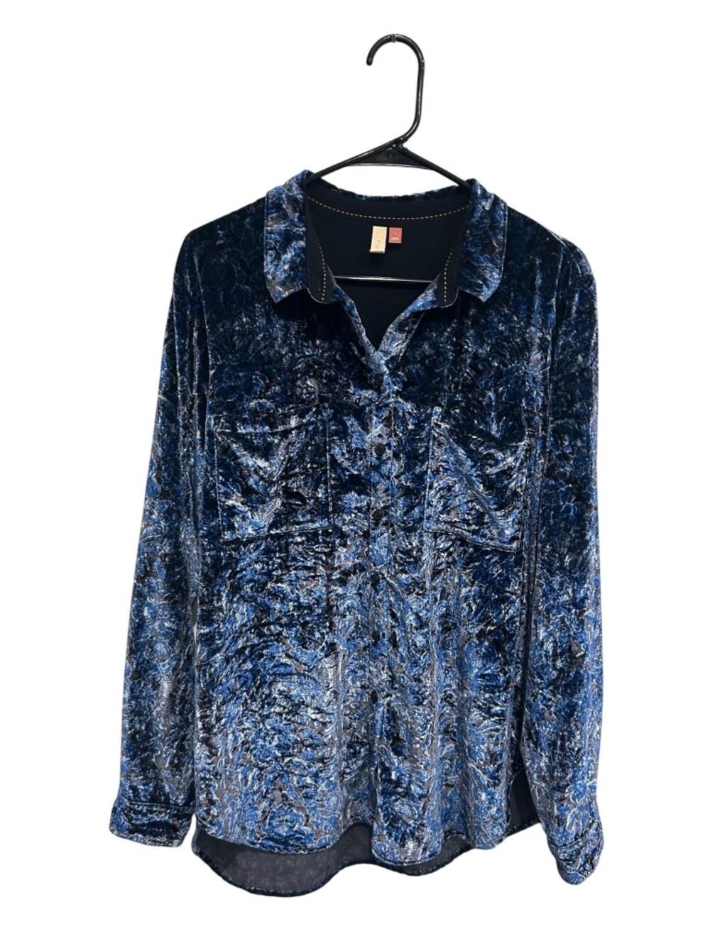 Pilcro Large Crushed Velvet Blue Button-Up Shirt Long Sleeves Retro Cozycore